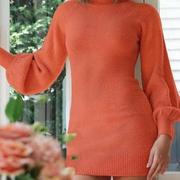 Zesica Dresses & Skirts - Women's Casual Turtleneck Long Puff Sleeve Soft Fuzzy Mini Dress Orange Medium